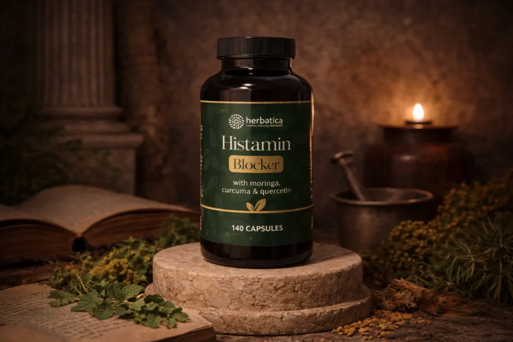 Histamin Blocker Herbatica 140 kapsúl v rustikálnom bylinnom aranžmáne