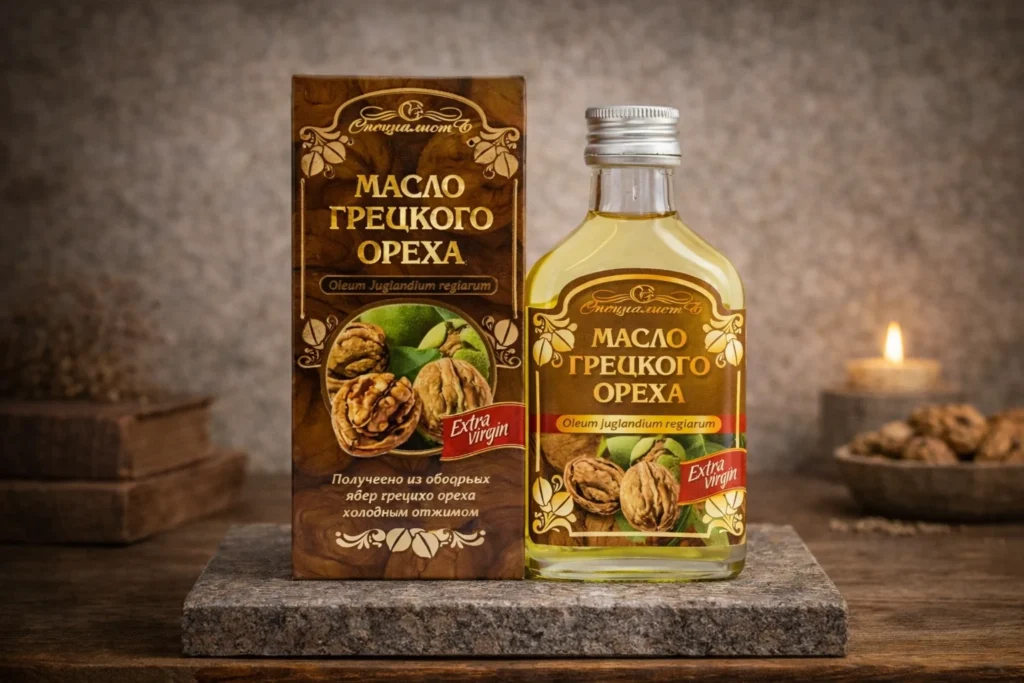 Olej z vlašských orechov Specialist s fľašou a krabičkou na kamennej podložke