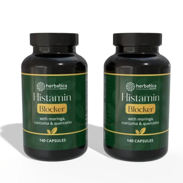 Dve balenia Histamin Blocker Herbatica 140 kapsúl na bielom pozadí
