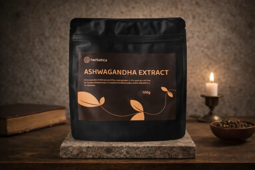 Herbatica Ashwagandha Extract 100 g v čiernom vrecku na kameni