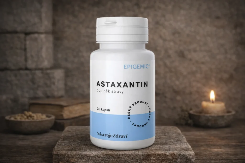 Astaxantín Epigemic 30 kapsúl na kamennom podklade so sviečkou