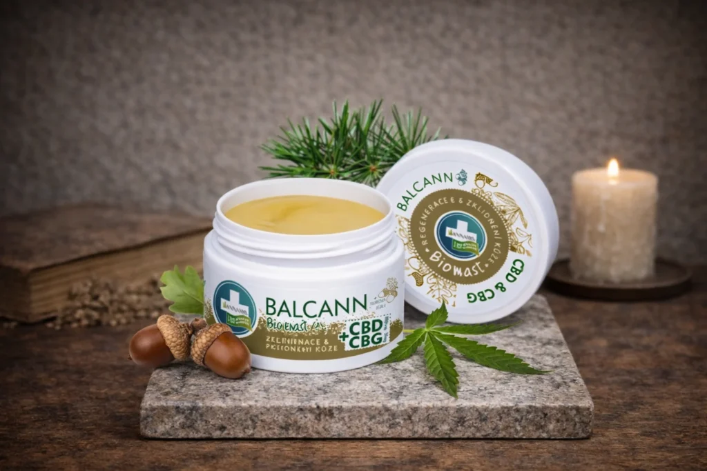 Balcann CBD CBG BIO konopná masť Annabis na kamennom podklade