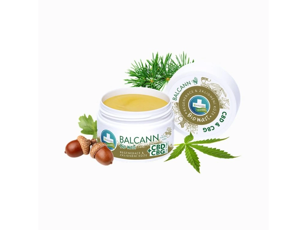 Balcann CBD CBG BIO konopná masť Annabis 50 ml s prírodnými dekoráciami