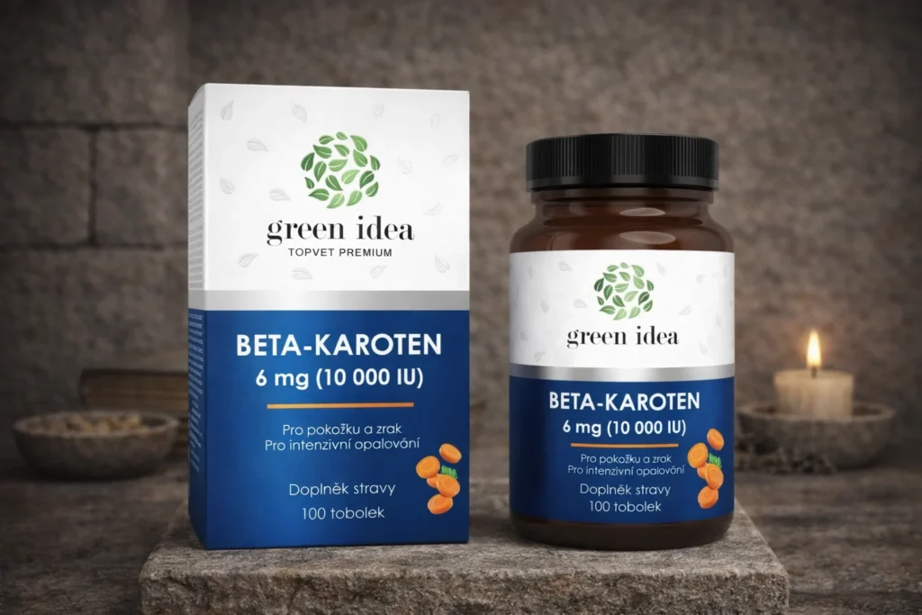 Beta-karotén Green idea 100 toboliek s krabičkou na kamennom podklade
