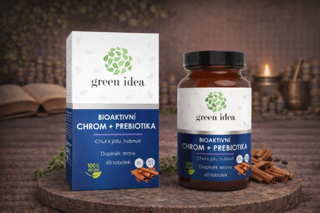 Bioaktívny chróm + prebiotiká Green idea s krabičkou a fľaštičkou