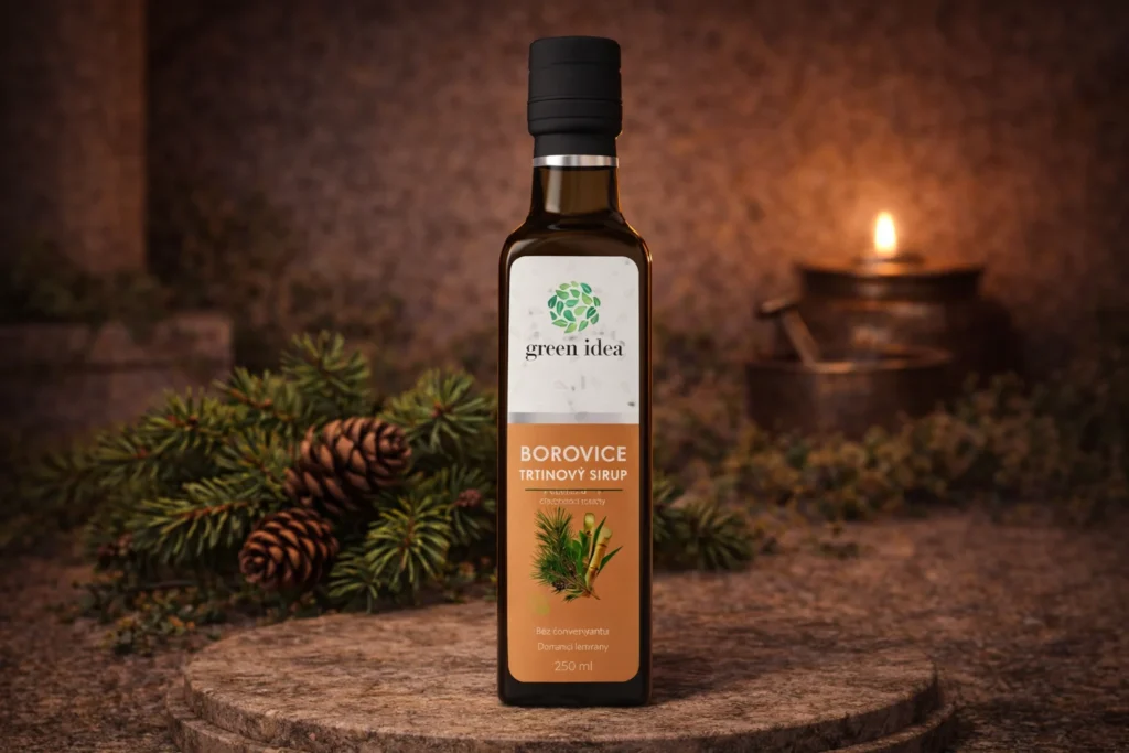 Borovicový trstinový sirup Green Idea 250 ml pri borovicových vetvičkách
