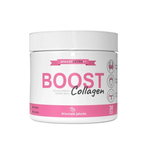 BreastExtra Boost Collagen jahodový výživový doplnok v bielom balení