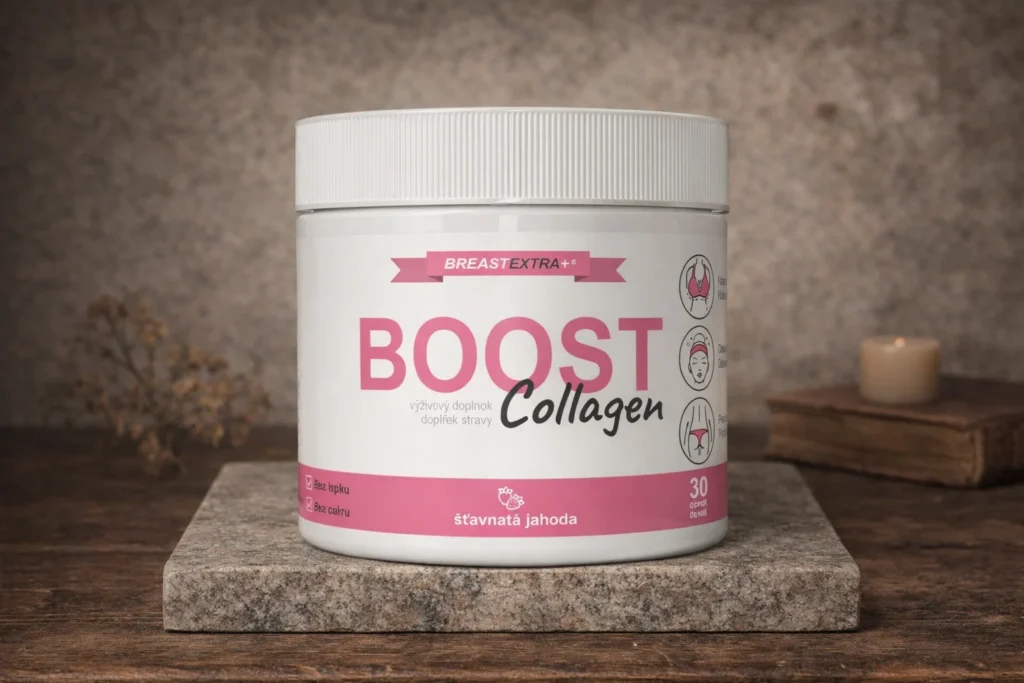 BreastExtra Boost Collagen jahoda v bielom balení na kamennom podklade