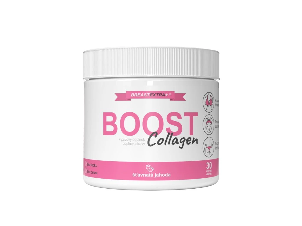 BreastExtra Boost Collagen jahodový výživový doplnok v bielom balení