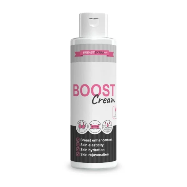 Breast Extra Boost Cream v bielej fľaši s ružovo-čiernou etiketou