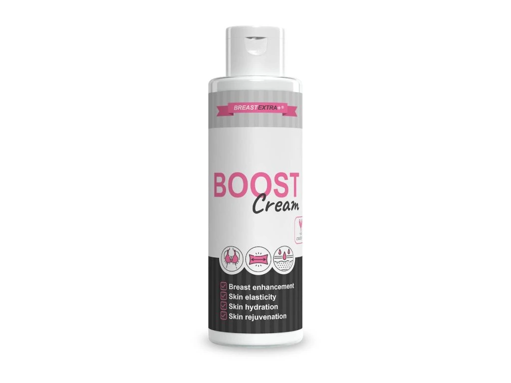Breast Extra Boost Cream v bielej fľaši s ružovo-čiernou etiketou