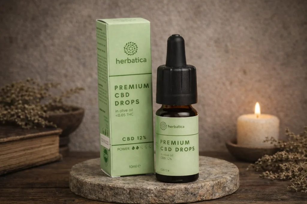 CBD kvapky 12 % Herbatica s krabičkou na kamennom podstavci
