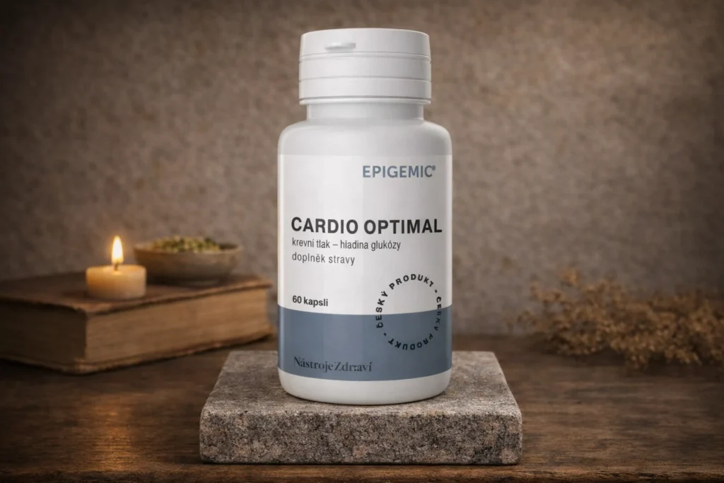 Cardio Optimal kapsuly Epigemic v bielej dóze na kamennom podstavci