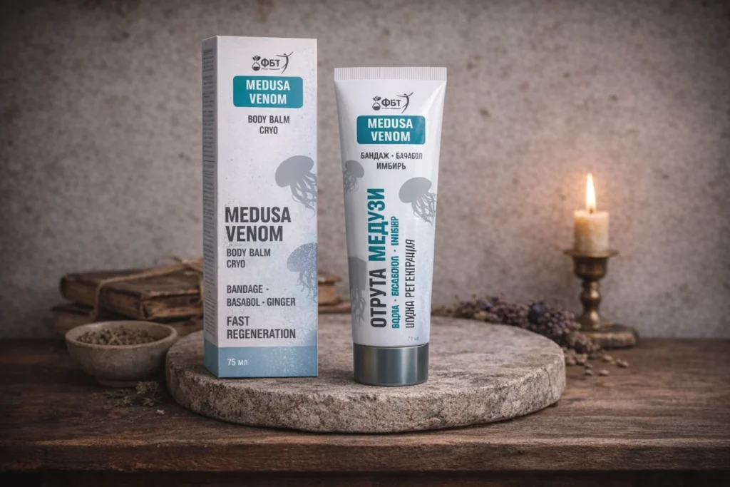 Chladivý telový balzam Medusa Venom s tubou a krabičkou