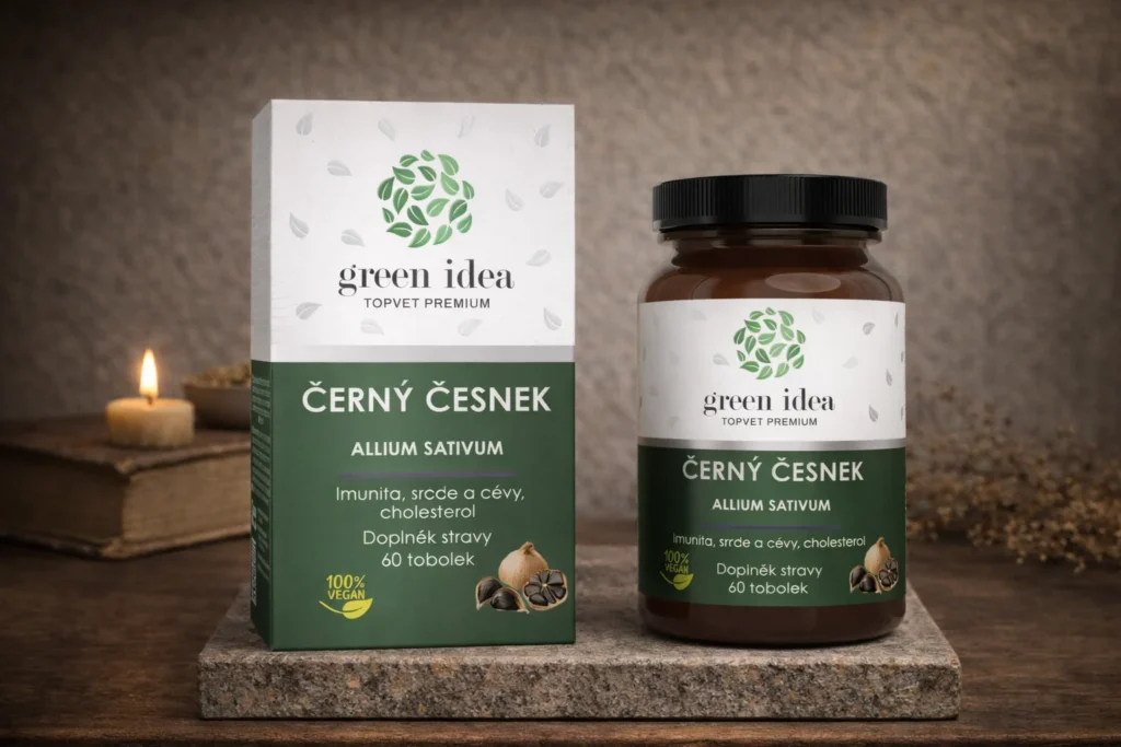 Čierny cesnak kapsuly Green idea s krabičkou a dózou v aranžmáne