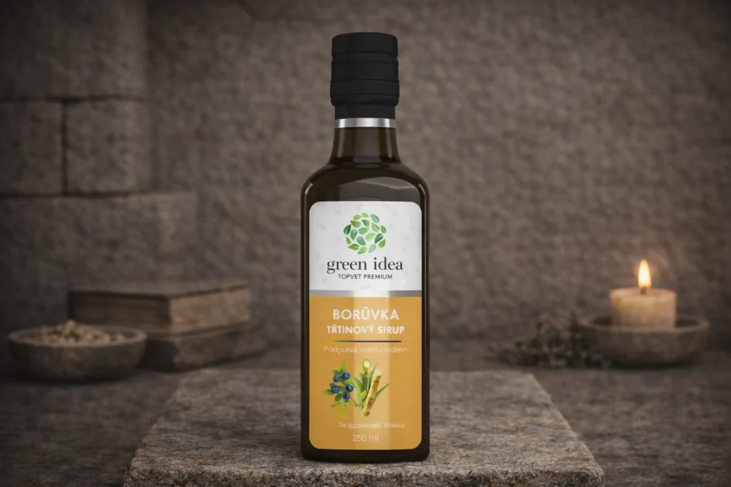 Čučoriedkový trstinový sirup Green idea 250 ml na kamennom podklade