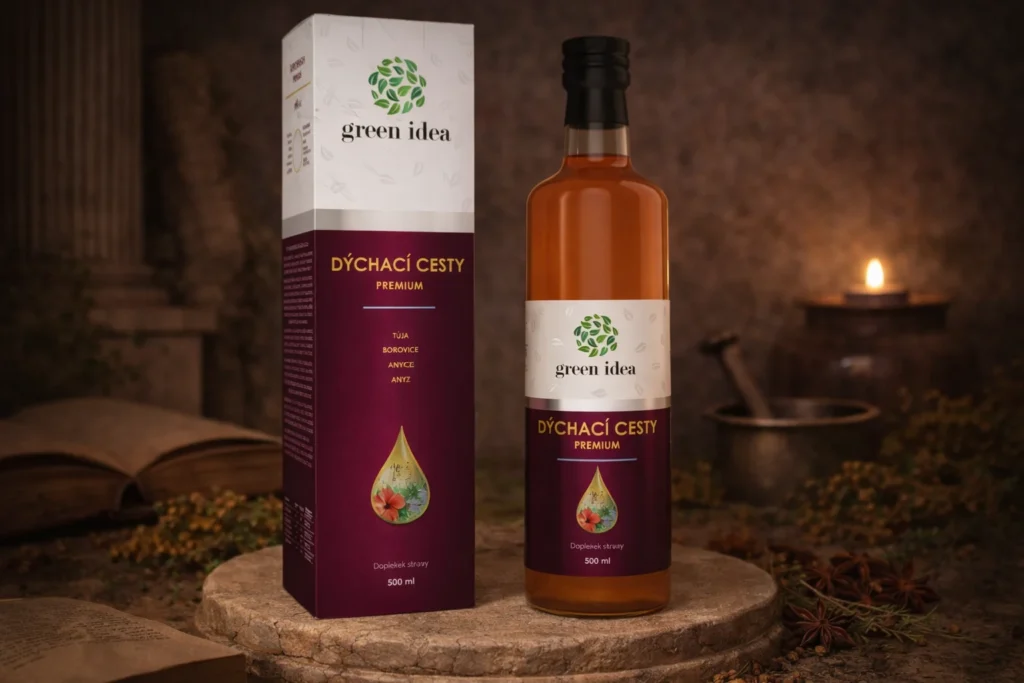 Dýchací cesty Premium Green idea 500 ml s fľašou a krabičkou v rustikálnom aranžmáne