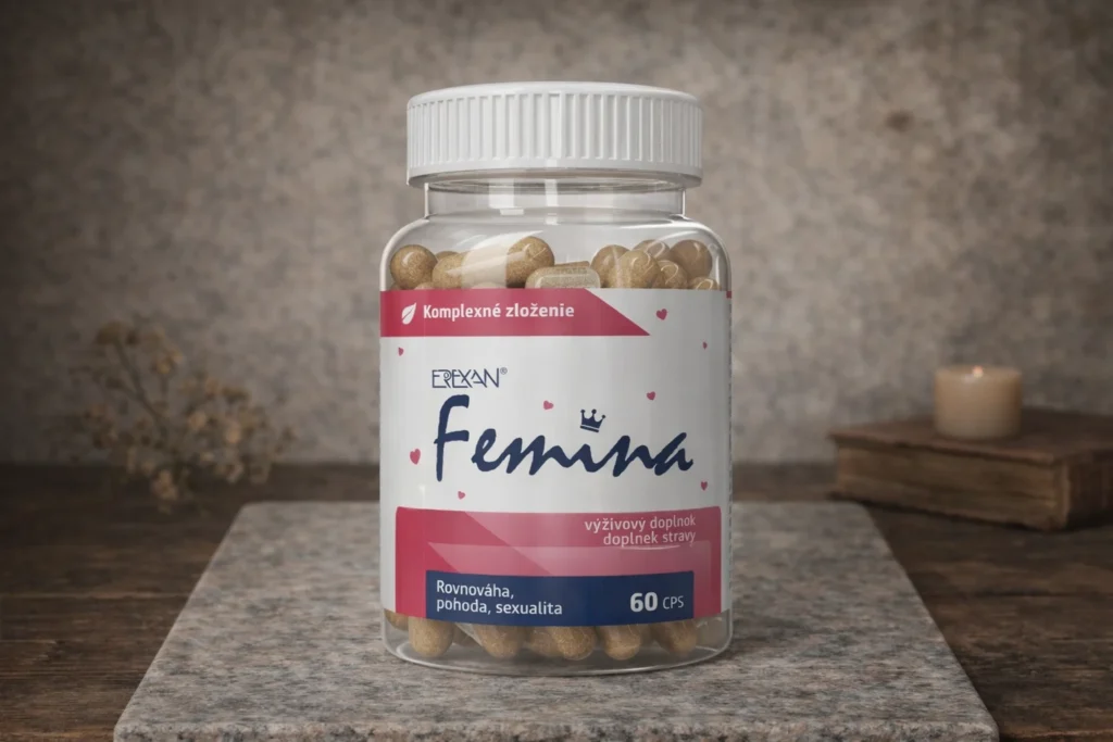 EREXAN Femina 60 kapsúl v priehľadnej dóze na kamennom podklade