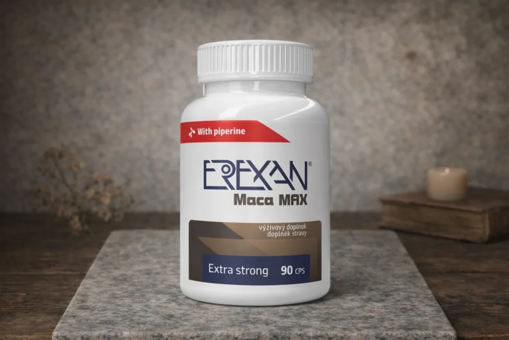 EREXAN Maca MAX 90 kapsúl v bielej dóze na kamennom podklade