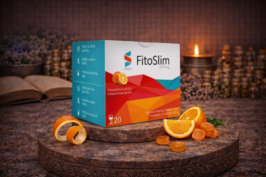 FitoSlim drink s pomarančovou príchuťou, krabičkou a kúskami pomaranča