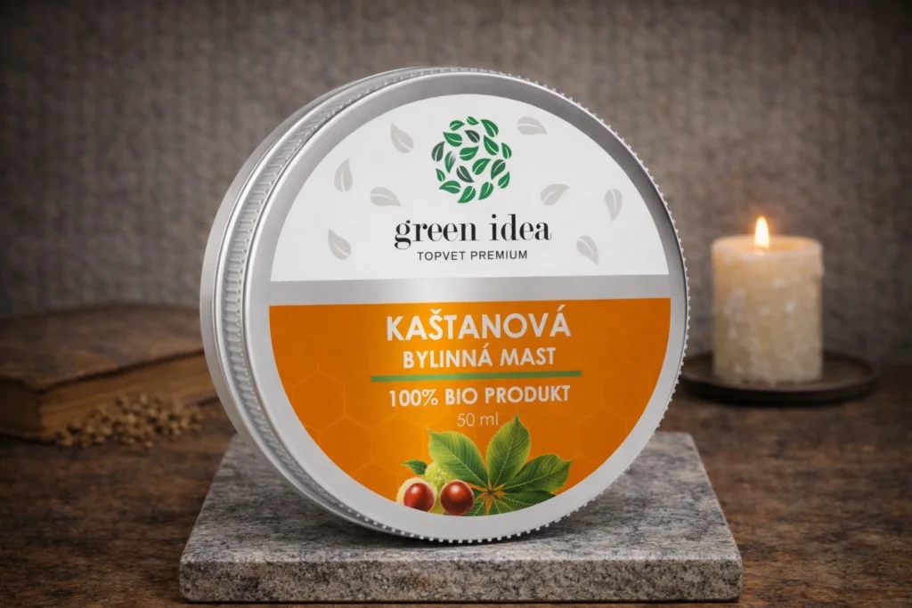 Gaštanová masť Green idea 50 ml na kamennom podklade so sviečkou