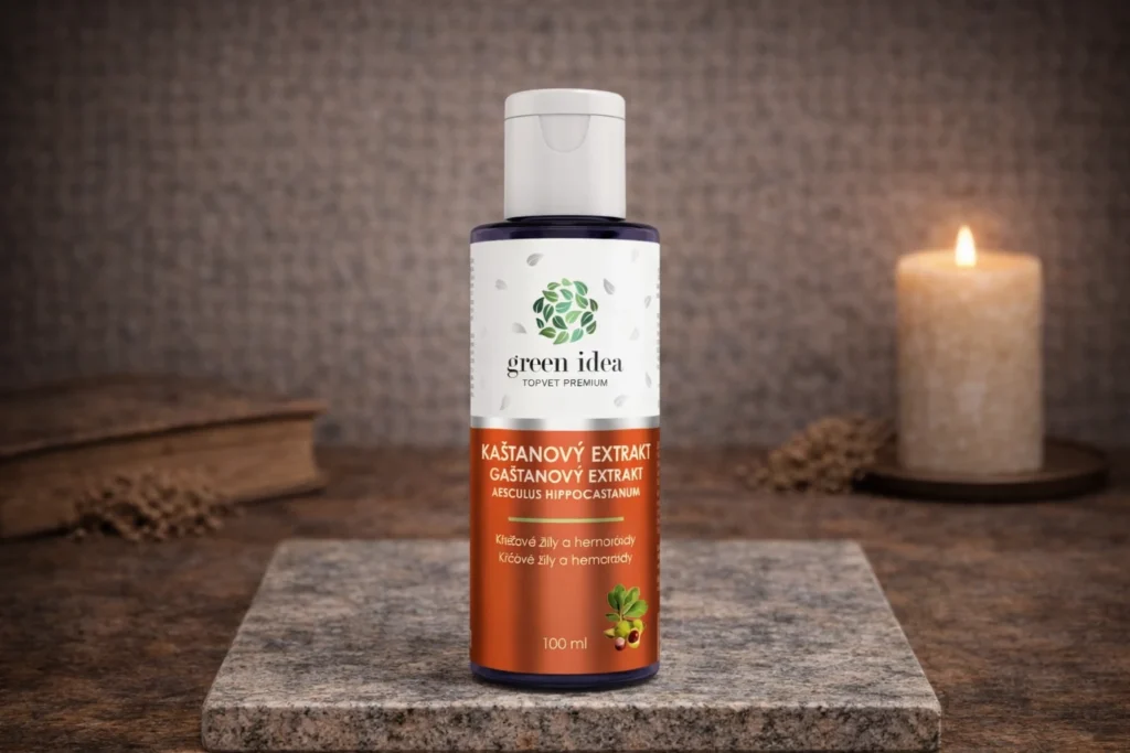 Gaštanový extrakt Green idea 100 ml na kamennom podklade so sviečkou