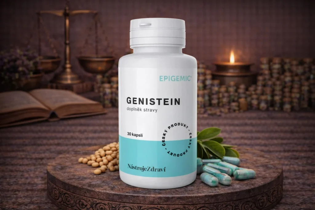 Genistein Epigemic 30 kapsúl s rastlinnou dekoráciou a tyrkysovými kapsulami