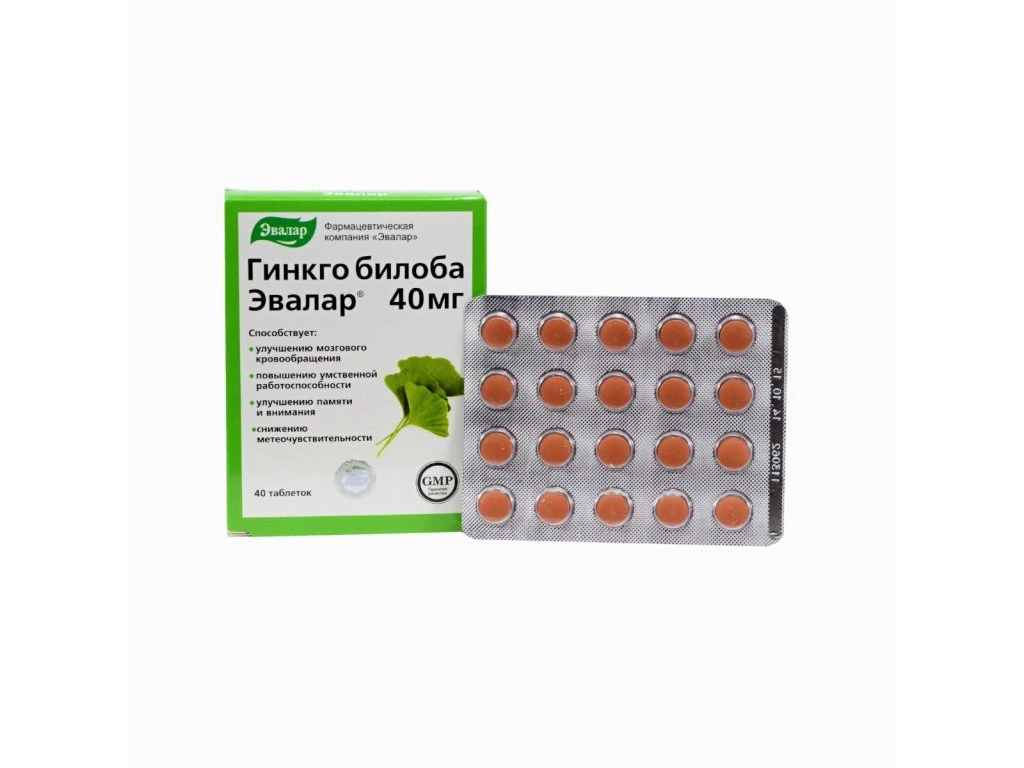 Ginkgo Biloba Evalar 40 mg s balením a blistrom tabliet
