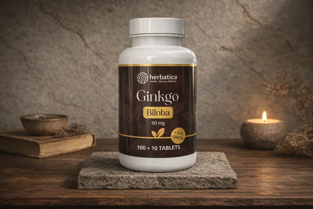 Ginkgo Biloba 60 mg Herbatica na drevenom stole so sviečkou