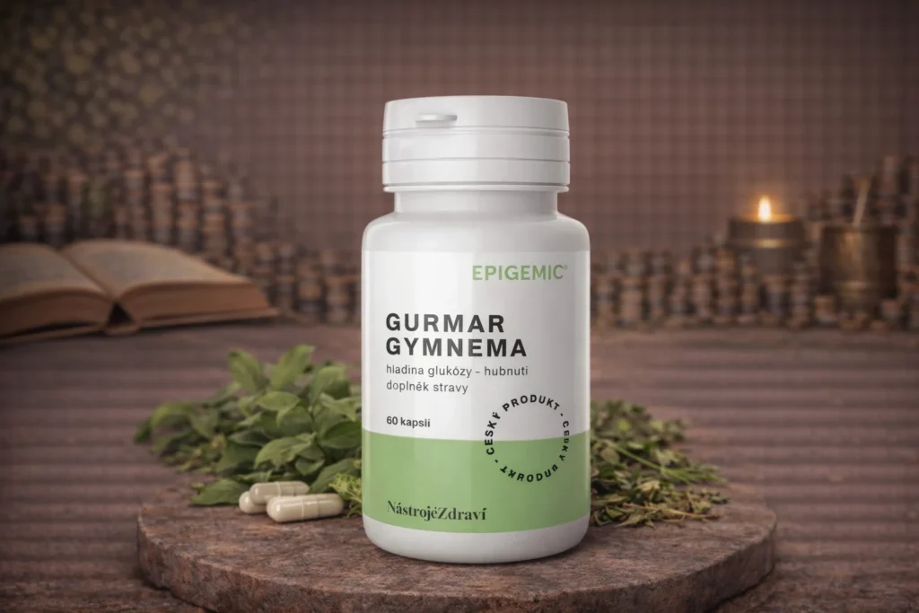 Epigemic Gurmar Gymnema kapsuly v bielej dóze s bylinkami
