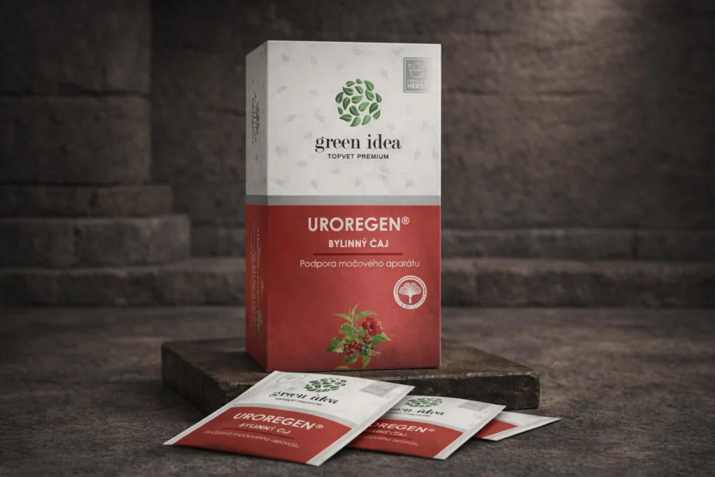 Uroregen bylinný čaj Green idea 20 vreciek na tmavom podklade