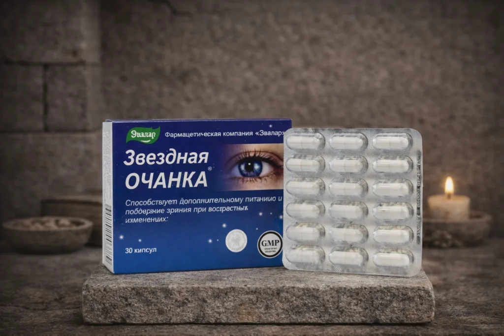 Hviezdna očianka Evalar 30 kapsúl s blistrom na kamennom podklade