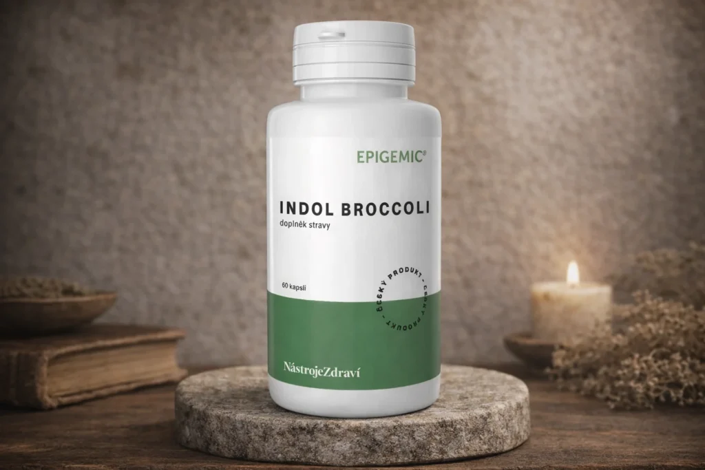 Na obrázku je Indol Broccoli Epigemic 60 kapsúl v bielej plastovej dóze s bielym uzáverom. Produkt je zobrazený na čistom bielom pozadí, ktoré zvýrazňuje minimalistický dizajn balenia. Etiketa uvádza značku Epigemic, názov Indol Broccoli, označenie doplnok stravy, 60 kapslí a značku NástrojeZdraví.