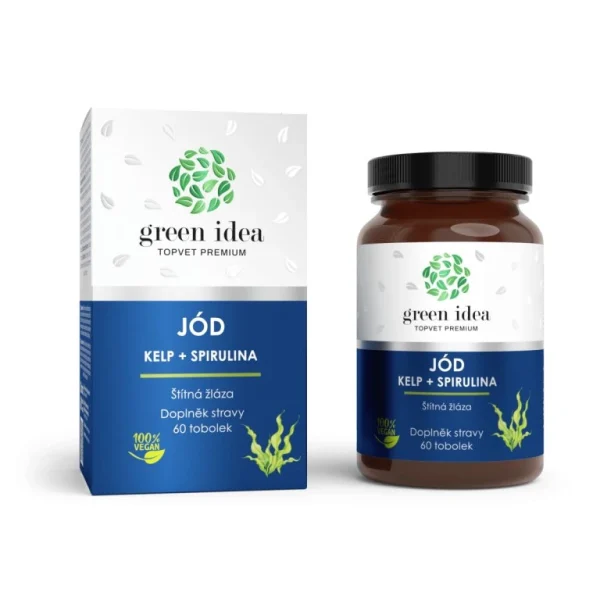 Green idea Jód Kelp Spirulina kapsuly s krabičkou a fľaškou