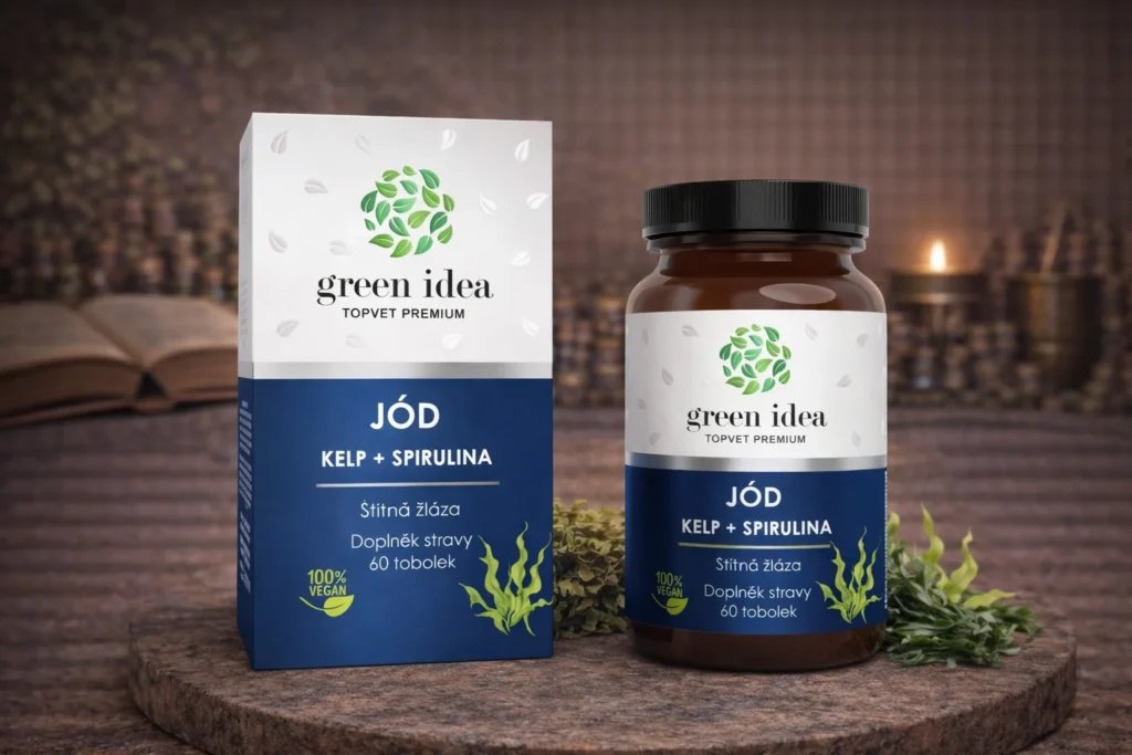 Green idea Jód Kelp Spirulina kapsuly s krabičkou a fľaškou