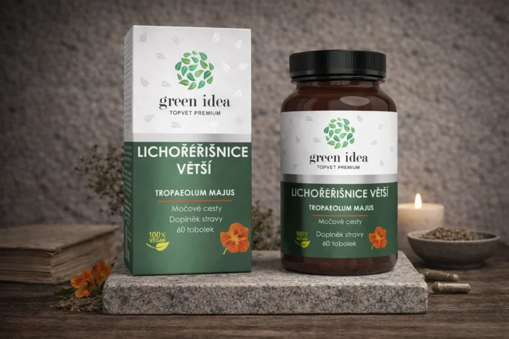 Kapucínka bylinný extrakt Green idea s krabičkou a dózou v prírodnej scéne