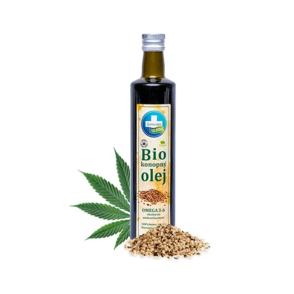 Bio konopný olej Annabis s konopným listom a semienkami