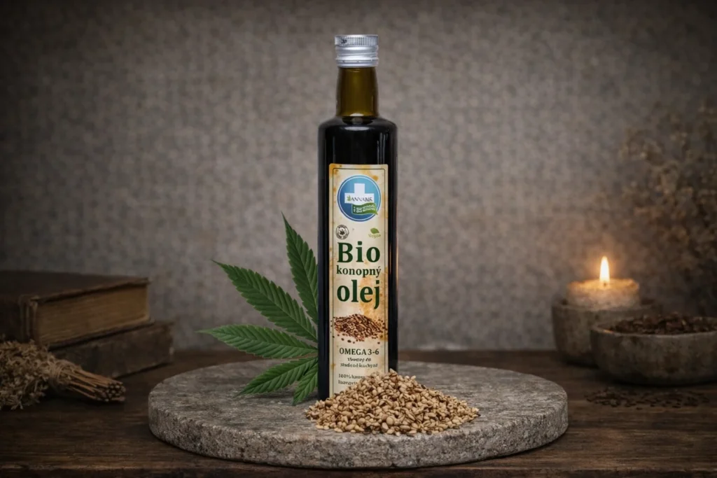 Bio konopný olej Annabis s konopným listom a semienkami
