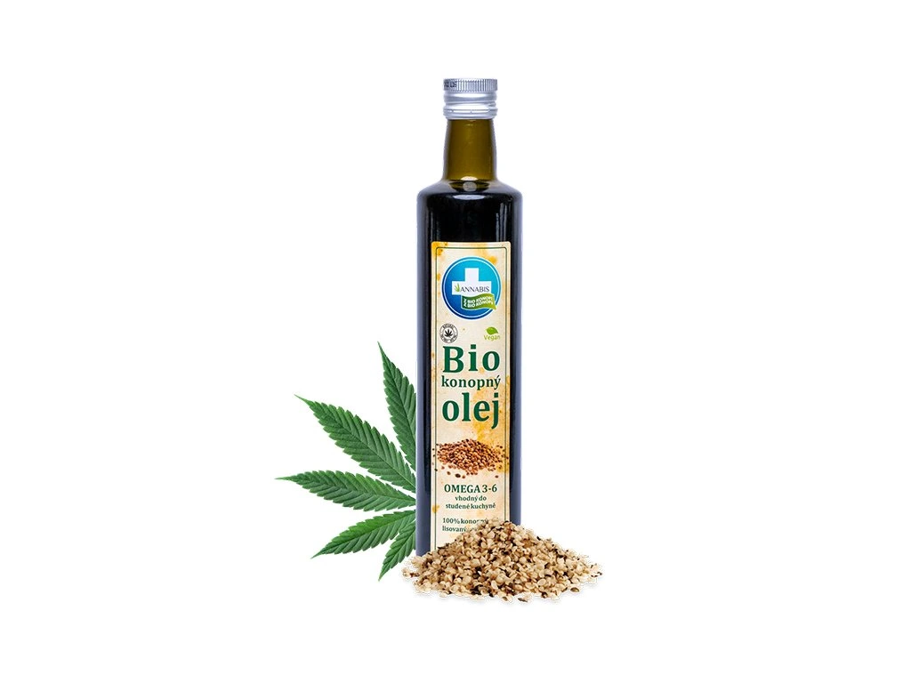 Bio konopný olej Annabis s konopným listom a semienkami