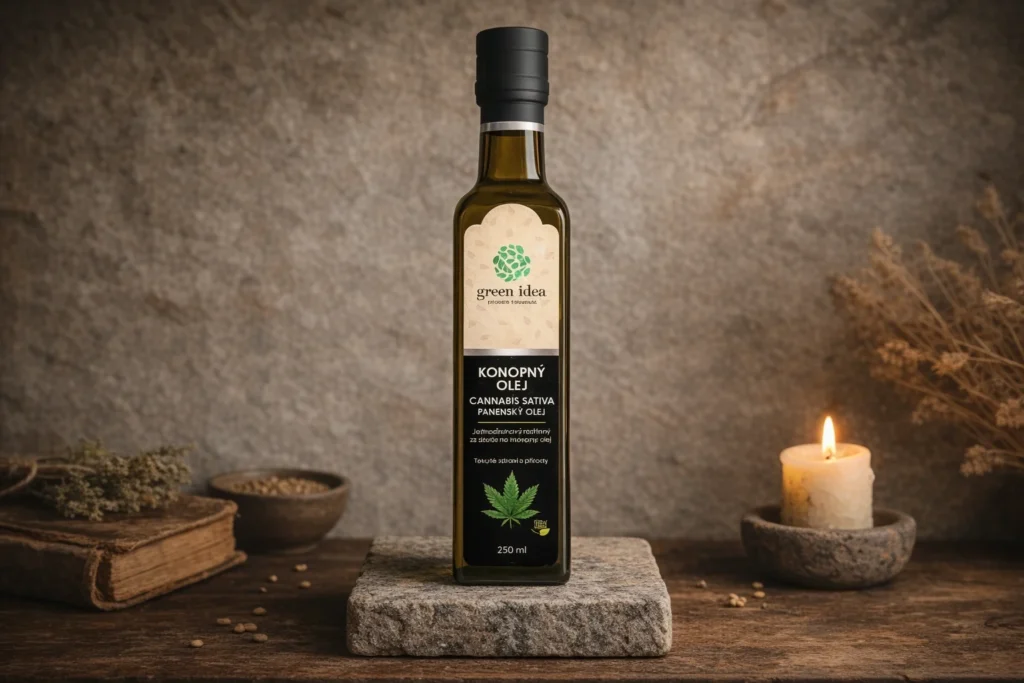 Konopný olej Green idea 250 ml v zátiší pri sviečke
