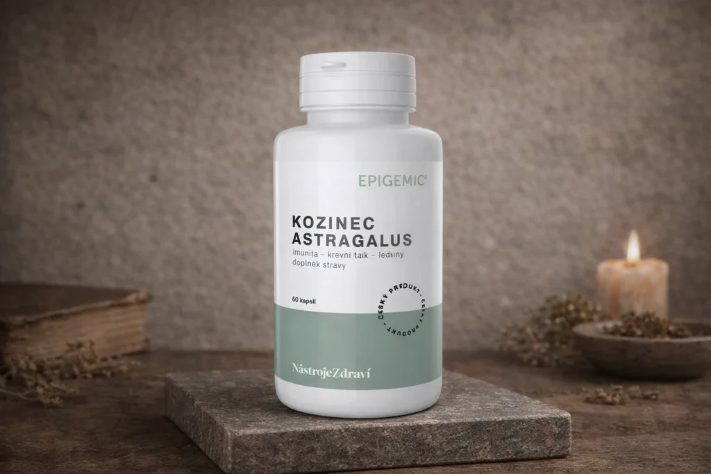 Kozinec Astragalus Epigemic 60 kapsúl v bielej dóze pri sviečke