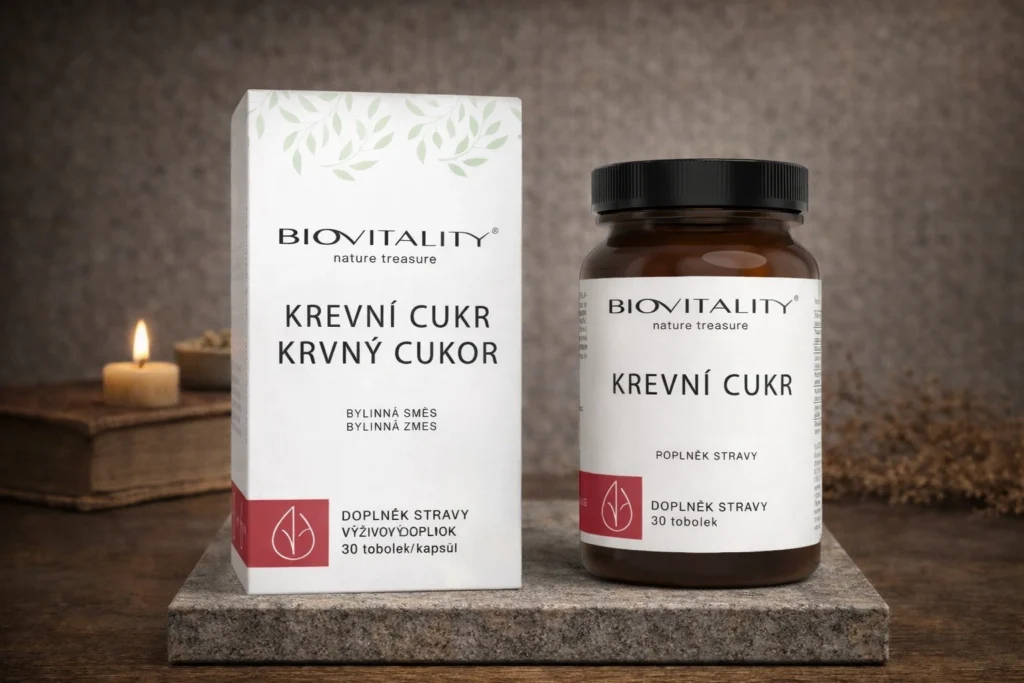 Krvný cukor kapsuly BioVitality s krabičkou a dózou v aranžmáne