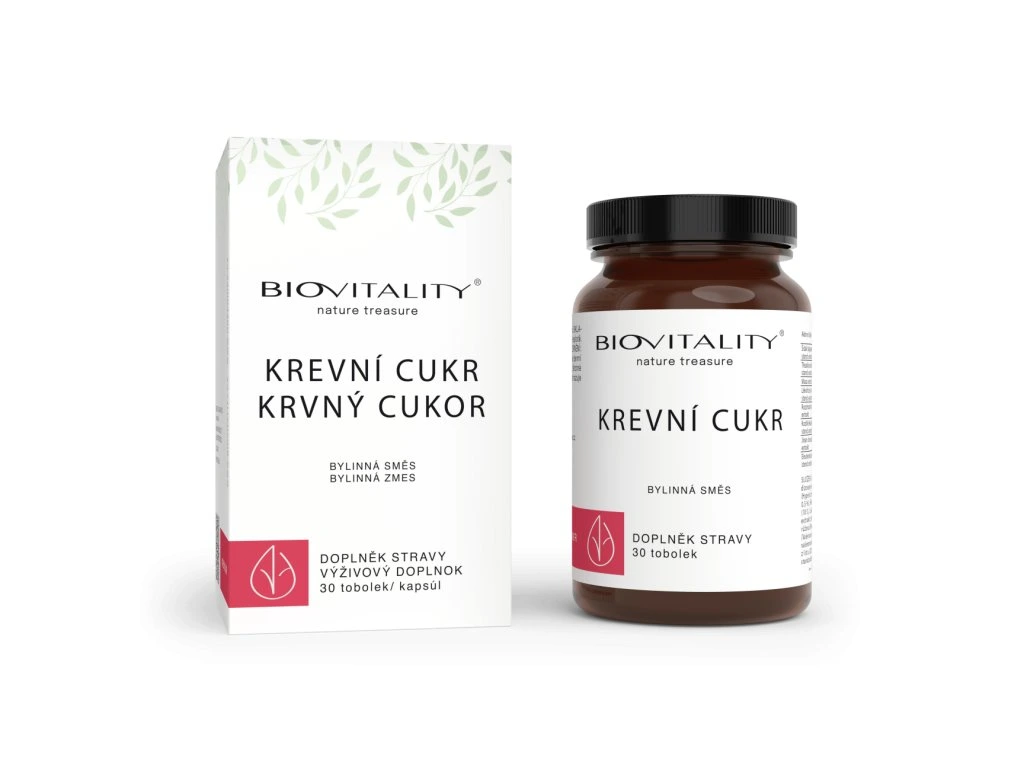 Krvný cukor kapsuly BioVitality s krabičkou a hnedým balením