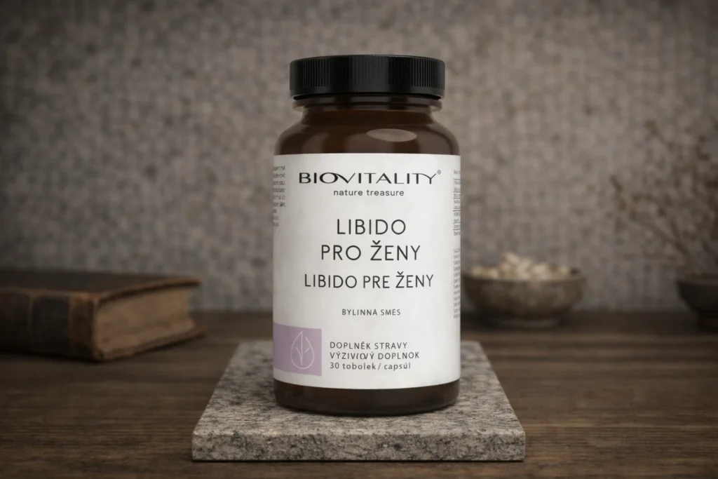 BioVitality Libido pre ženy bylinný komplex v hnedej dóze na podstavci