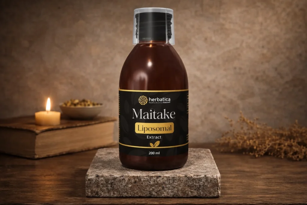 Maitake lipozomálny extrakt Herbatica vo fľaši na kamennom podstavci