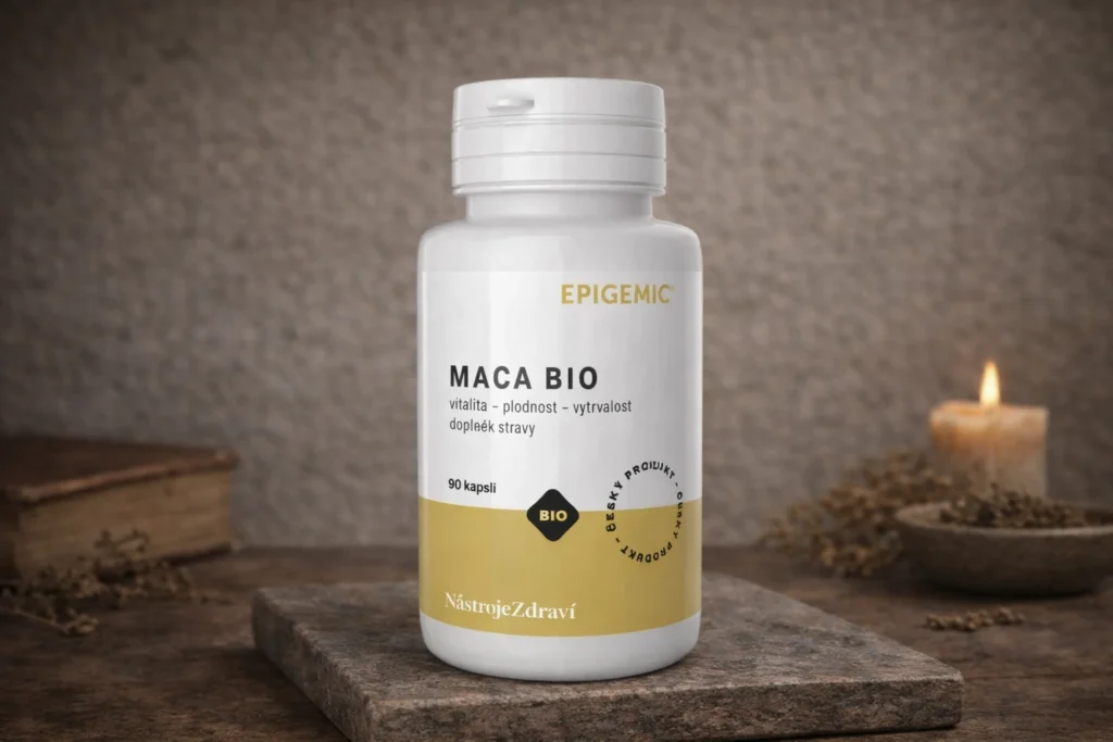 Maca BIO Epigemic 90 kapsúl v bielej dóze pri sviečke