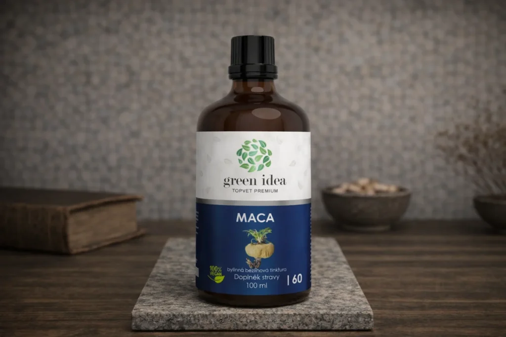 Maca bezliehová tinktúra Green idea v hnedej fľaštičke na podstavci