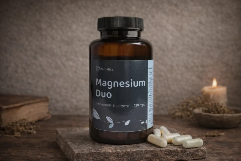 Magnesium Duo Herbatica 120 kapsúl v hnedej dóze s kapsulami