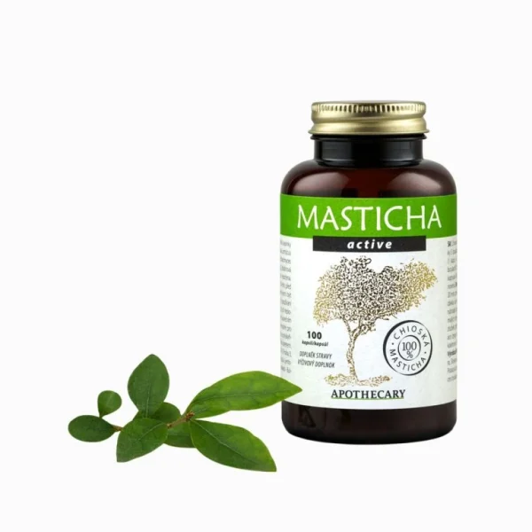 Masticha Active Apothecary 100 kapsúl s listami na bielom pozadí