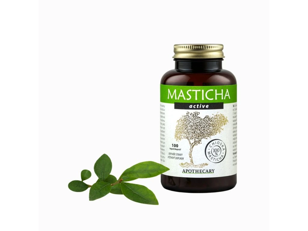 Masticha Active Apothecary 100 kapsúl s listami na bielom pozadí